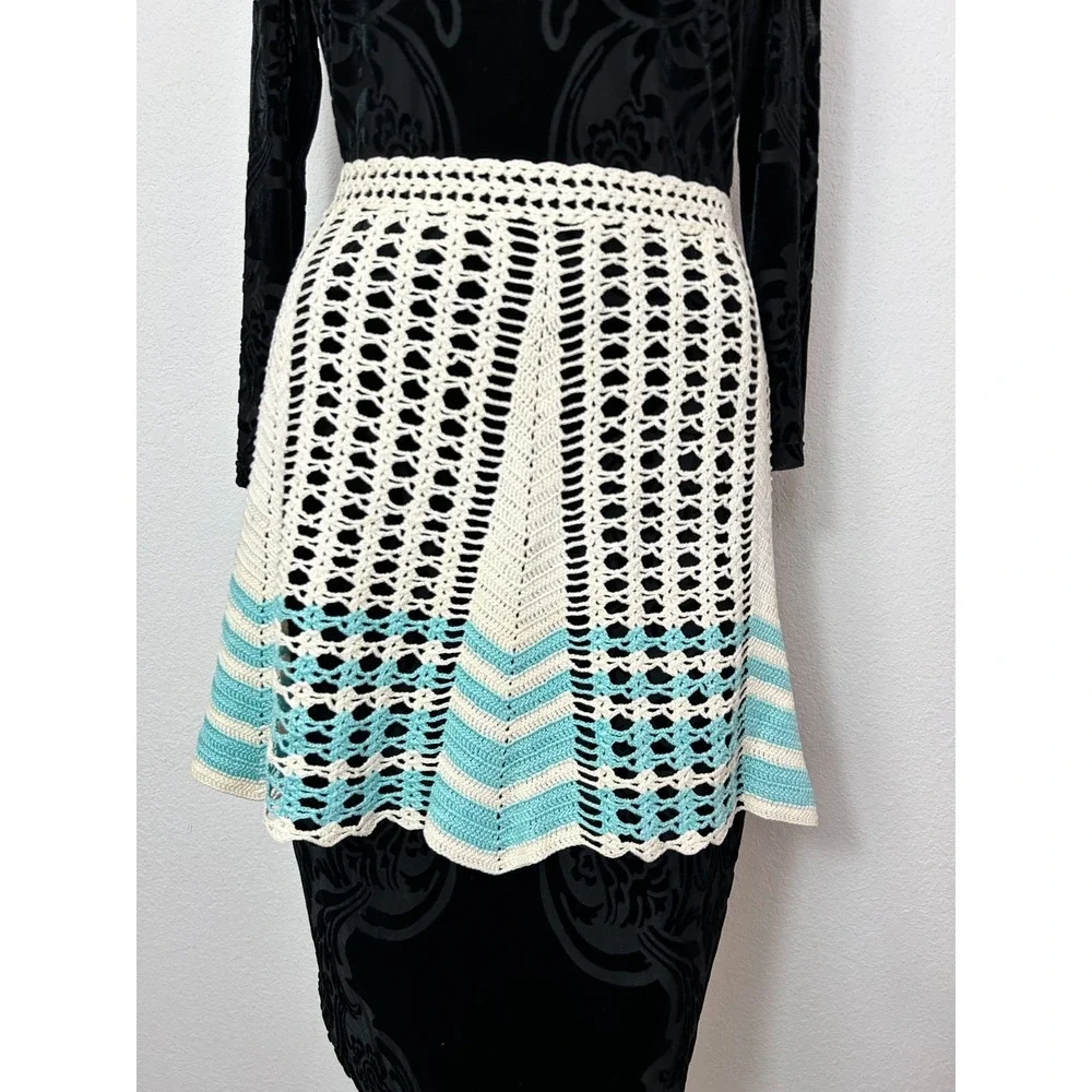 Vintage 1960s Hand Crochet Half Apron S White Teal Chevron Stripe Hostess Retro